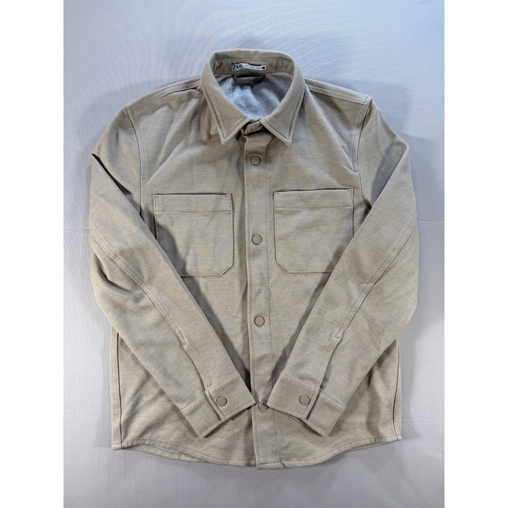 Zara Womens Tan Beige Textured Snap Front Utility Shirt Jacket Shacket Small